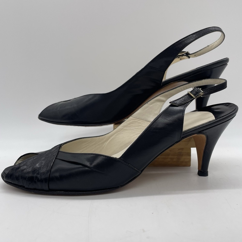 Vtg Stanley Phillipson Womens 9.5 SS Heels Black Leather Slingback Open Toe USA